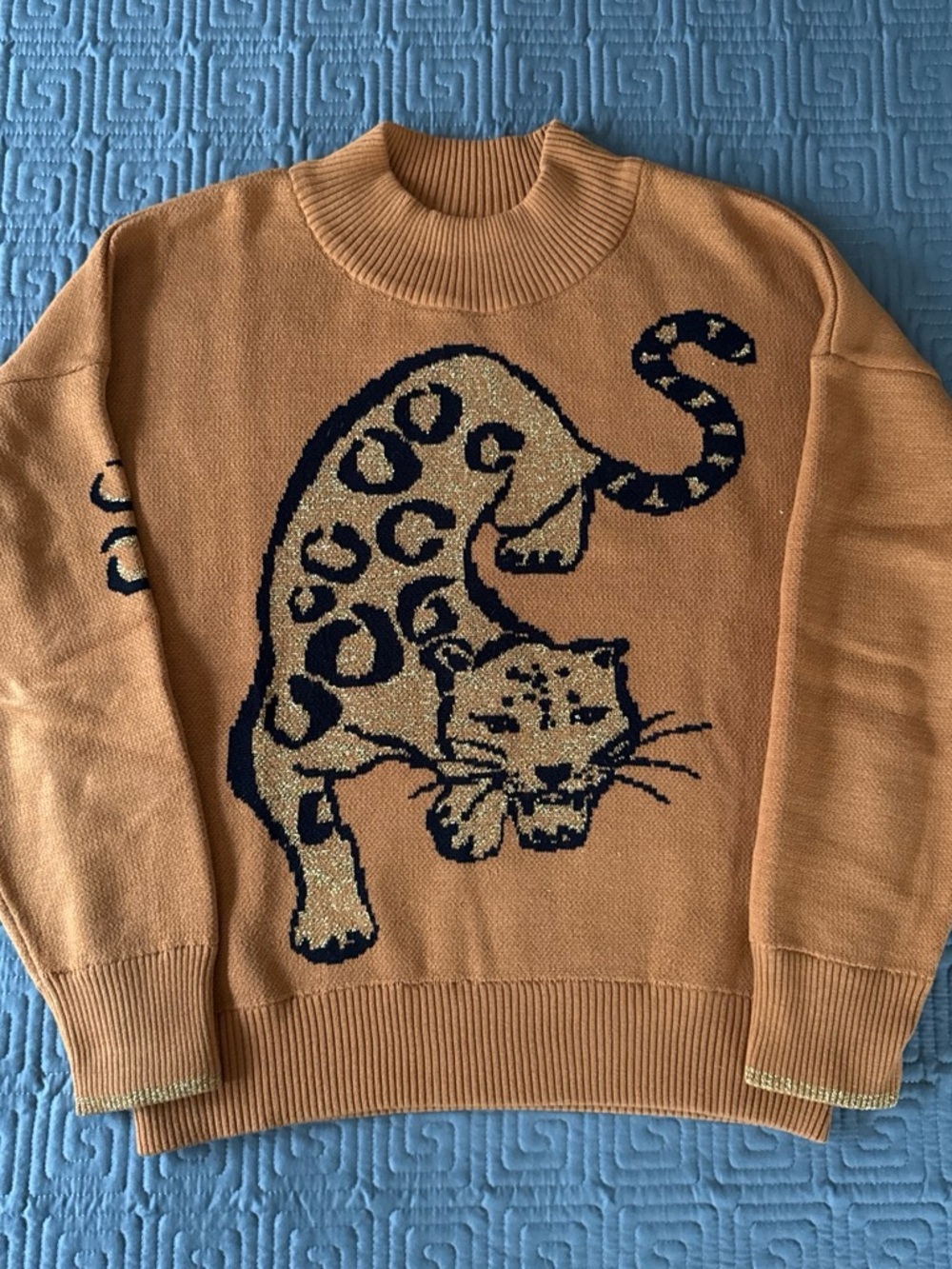 Women’s Camel Crewneck Sweater with Leopard Intarsia